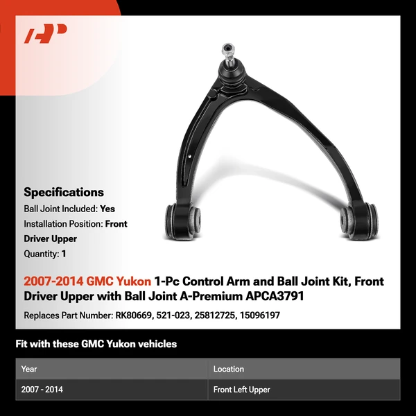 2007-2014 GMC Yukon 1-Pc Control Arm and Ball Joint Kit, Front Driver Upper with Ball Joint A-Premium APCA3791