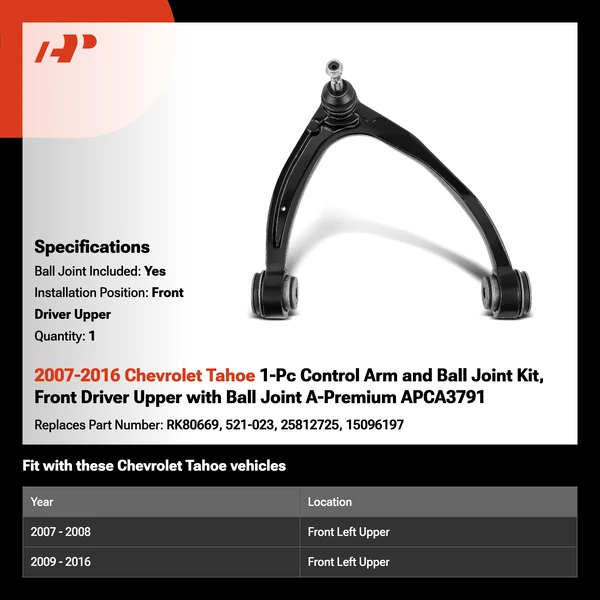 2007-2016 Chevrolet Tahoe 1-Pc Control Arm and Ball Joint Kit, Front Driver Upper with Ball Joint A-Premium APCA3791