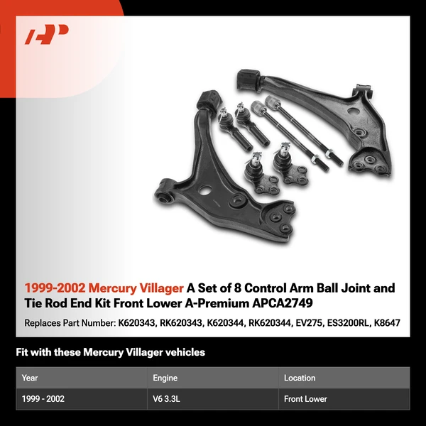 1999-2002 Mercury Villager A Set of 8 Control Arm Ball Joint and Tie Rod End Kit Front Lower A-Premium APCA2749