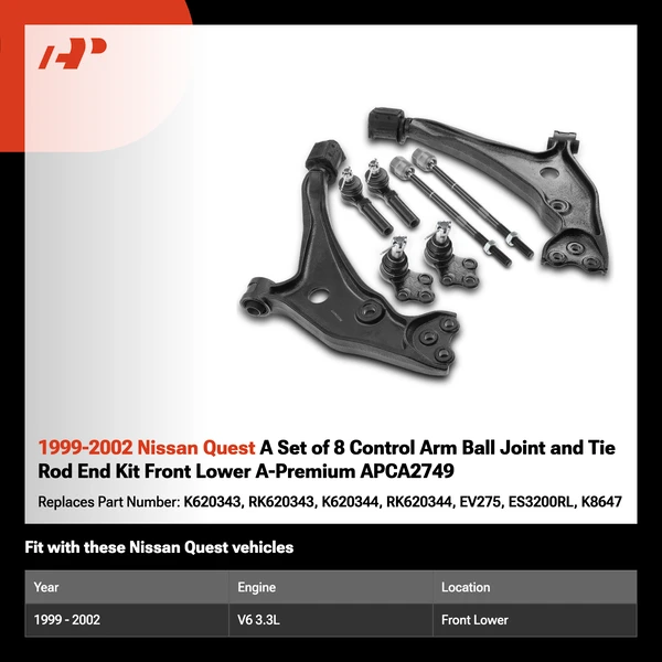 1999-2002 Nissan Quest A Set of 8 Control Arm Ball Joint and Tie Rod End Kit Front Lower A-Premium APCA2749
