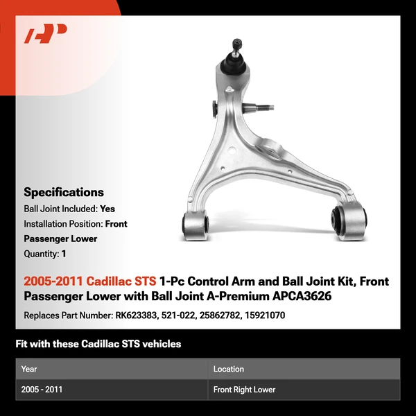 2005-2011 Cadillac STS 1-Pc Control Arm and Ball Joint Kit, Front Passenger Lower with Ball Joint A-Premium APCA3626