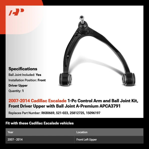 2007-2014 Cadillac Escalade 1-Pc Control Arm and Ball Joint Kit, Front Driver Upper with Ball Joint A-Premium APCA3791