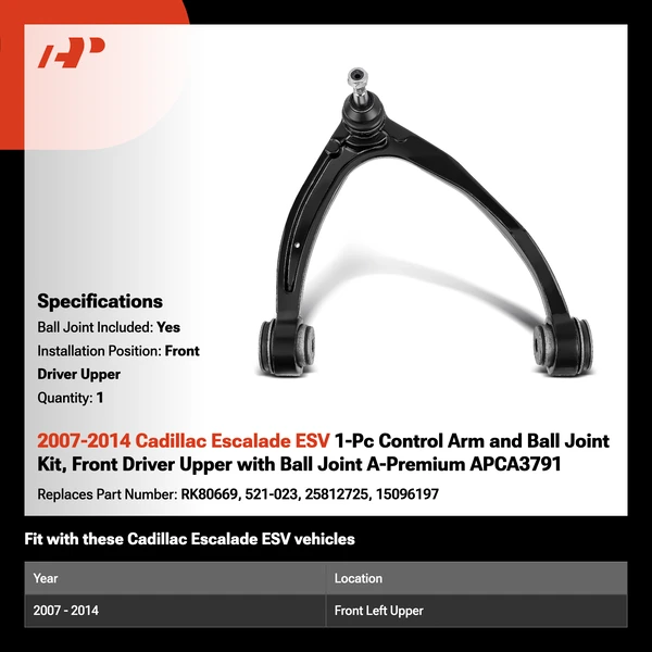 2007-2014 Cadillac Escalade ESV 1-Pc Control Arm and Ball Joint Kit, Front Driver Upper with Ball Joint A-Premium APCA3791
