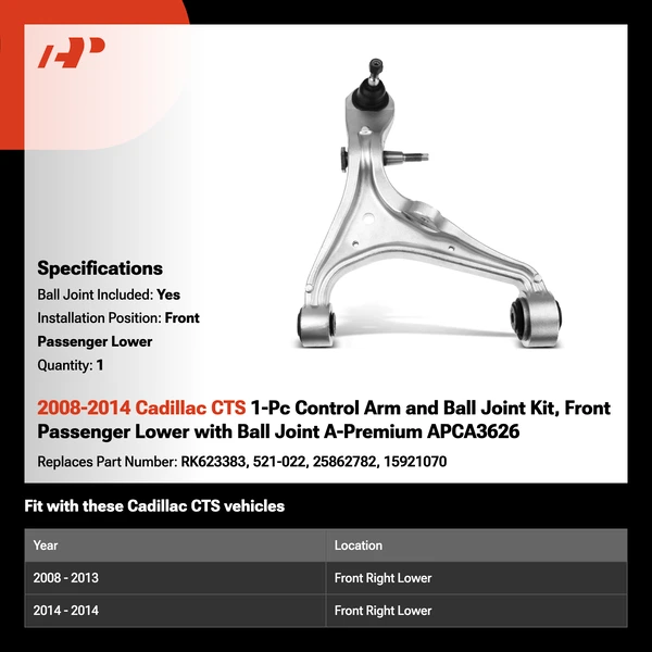 2008-2014 Cadillac CTS 1-Pc Control Arm and Ball Joint Kit, Front Passenger Lower with Ball Joint A-Premium APCA3626