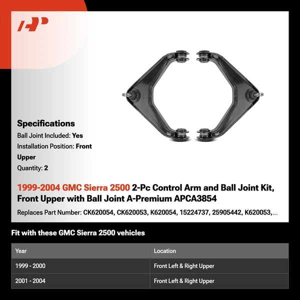 1999-2004 GMC Sierra 2500 2-Pc Control Arm and Ball Joint Kit, Front Upper with Ball Joint A-Premium APCA3854