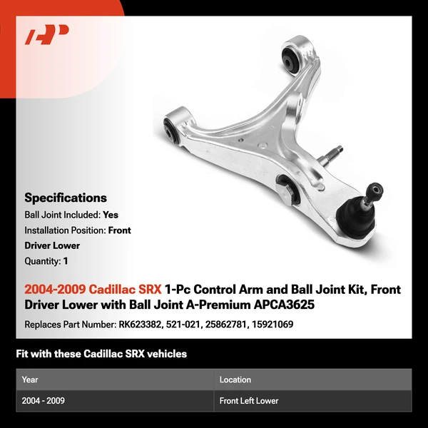 2004-2009 Cadillac SRX 1-Pc Control Arm and Ball Joint Kit, Front Driver Lower with Ball Joint A-Premium APCA3625