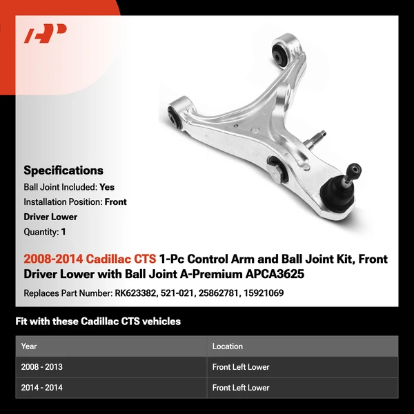 2008-2014 Cadillac CTS 1-Pc Control Arm and Ball Joint Kit, Front Driver Lower with Ball Joint A-Premium APCA3625