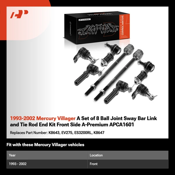 1993-2002 Mercury Villager A Set of 8 Ball Joint Sway Bar Link and Tie Rod End Kit Front Side A-Premium APCA1601