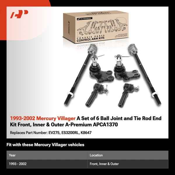 1993-2002 Mercury Villager A Set of 6 Ball Joint and Tie Rod End Kit Front, Inner & Outer A-Premium APCA1370