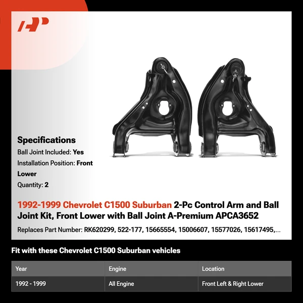 1992-1999 Chevrolet C1500 Suburban 2-Pc Control Arm and Ball Joint Kit, Front Lower with Ball Joint A-Premium APCA3652