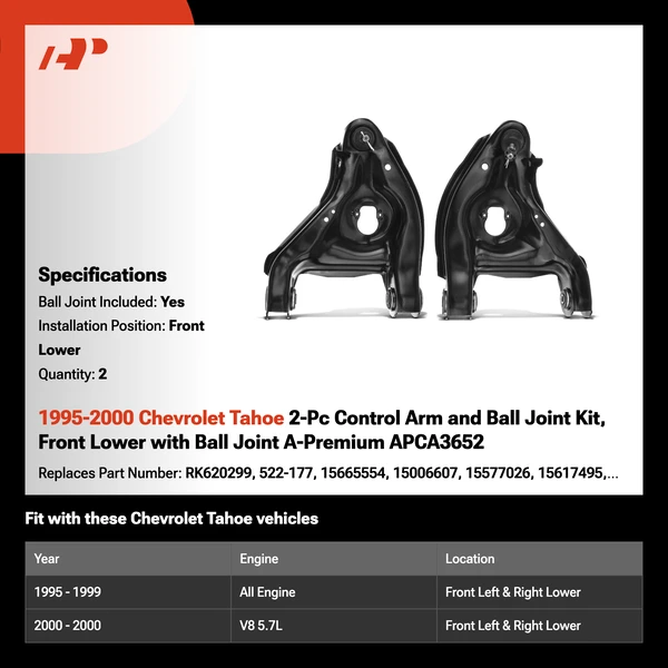 1995-2000 Chevrolet Tahoe 2-Pc Control Arm and Ball Joint Kit, Front Lower with Ball Joint A-Premium APCA3652