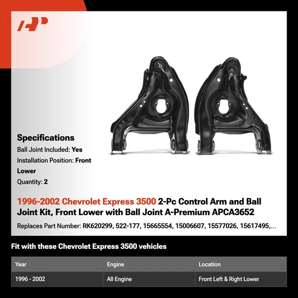 1996-2002 Chevrolet Express 3500 2-Pc Control Arm and Ball Joint Kit, Front Lower with Ball Joint A-Premium APCA3652
