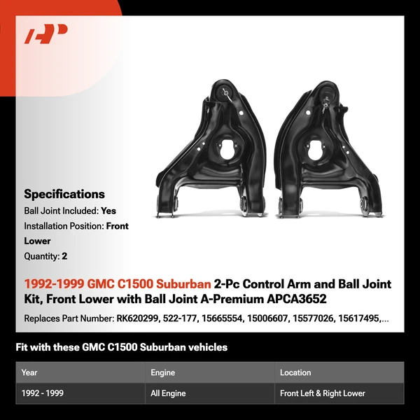 1992-1999 GMC C1500 Suburban 2-Pc Control Arm and Ball Joint Kit, Front Lower with Ball Joint A-Premium APCA3652