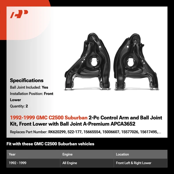 1992-1999 GMC C2500 Suburban 2-Pc Control Arm and Ball Joint Kit, Front Lower with Ball Joint A-Premium APCA3652