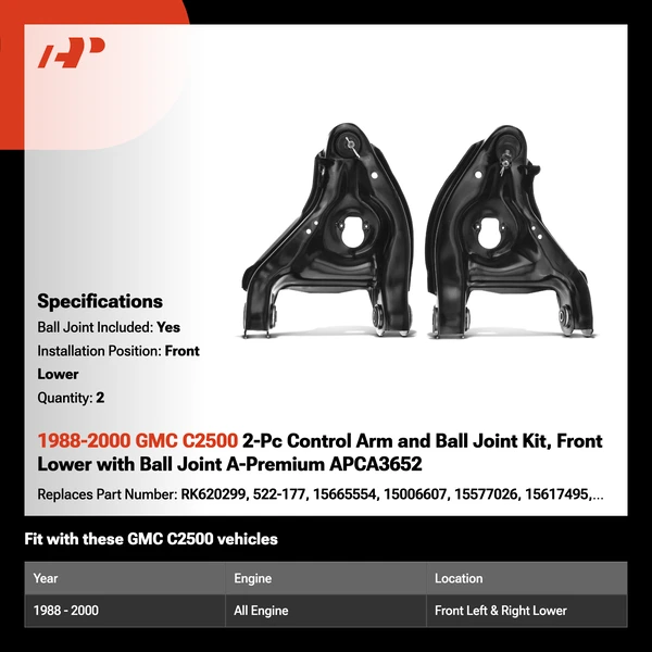 1988-2000 GMC C2500 2-Pc Control Arm and Ball Joint Kit, Front Lower with Ball Joint A-Premium APCA3652