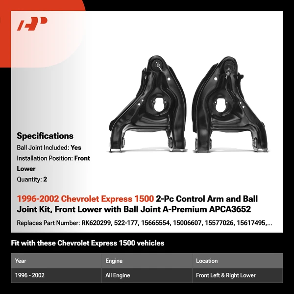 1996-2002 Chevrolet Express 1500 2-Pc Control Arm and Ball Joint Kit, Front Lower with Ball Joint A-Premium APCA3652