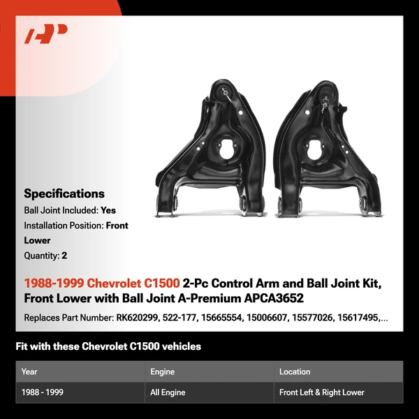 1988-1999 Chevrolet C1500 2-Pc Control Arm and Ball Joint Kit, Front Lower with Ball Joint A-Premium APCA3652