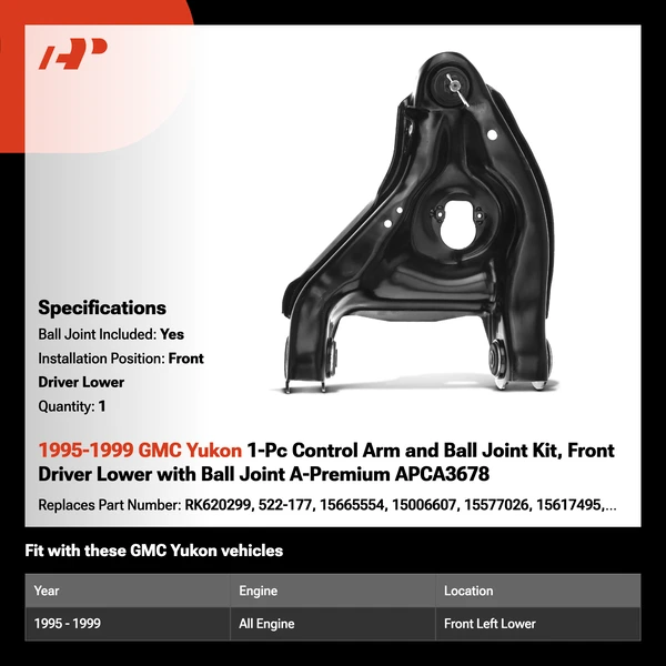 1995-1999 GMC Yukon 1-Pc Control Arm and Ball Joint Kit, Front Driver Lower with Ball Joint A-Premium APCA3678