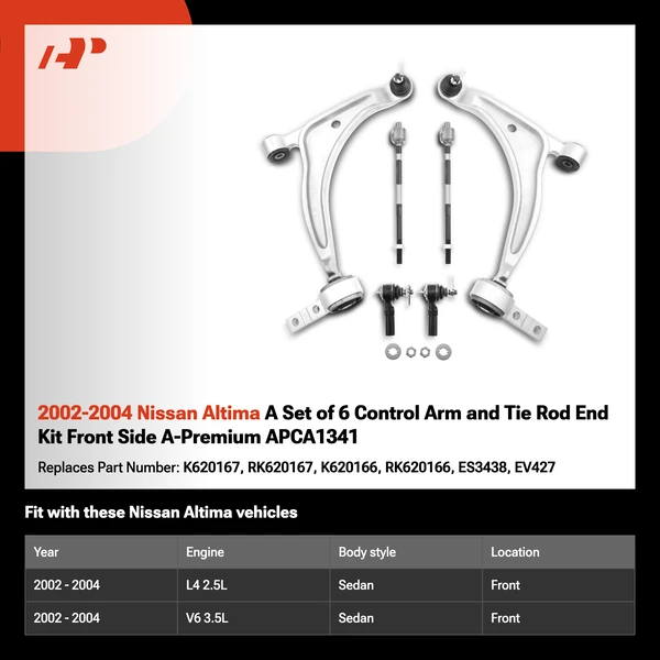 2002-2004 Nissan Altima A Set of 6 Control Arm and Tie Rod End Kit Front Side A-Premium APCA1341