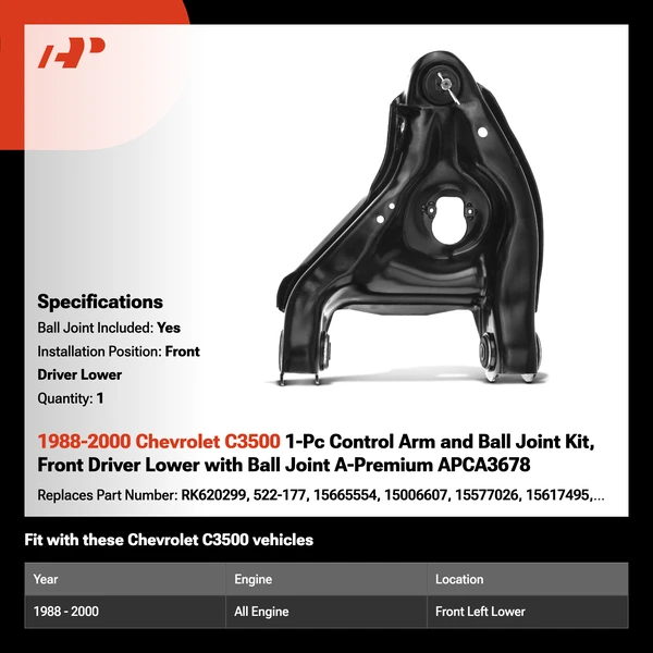 1988-2000 Chevrolet C3500 1-Pc Control Arm and Ball Joint Kit, Front Driver Lower with Ball Joint A-Premium APCA3678
