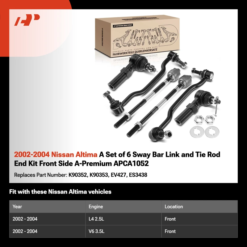 2002-2004 Nissan Altima A Set of 6 Sway Bar Link and Tie Rod End Kit Front Side A-Premium APCA1052