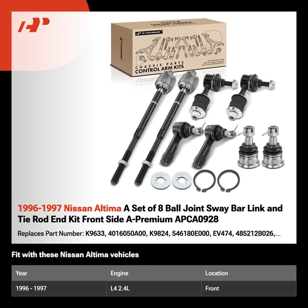 1996-1997 Nissan Altima A Set of 8 Ball Joint Sway Bar Link and Tie Rod End Kit Front Side A-Premium APCA0928