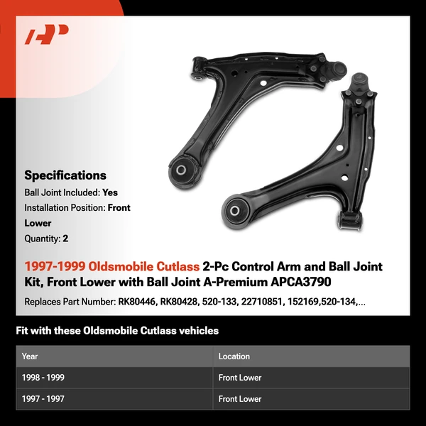 1997-1999 Oldsmobile Cutlass 2-Pc Control Arm and Ball Joint Kit, Front Lower with Ball Joint A-Premium APCA3790