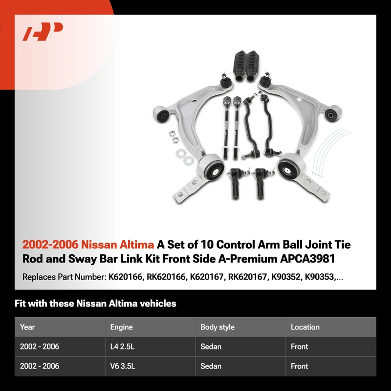2002-2006 Nissan Altima A Set of 10 Control Arm Ball Joint Tie Rod and Sway Bar Link Kit Front Side A-Premium APCA3981