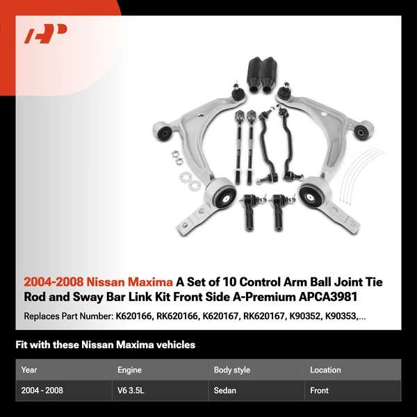 2004-2008 Nissan Maxima A Set of 10 Control Arm Ball Joint Tie Rod and Sway Bar Link Kit Front Side A-Premium APCA3981