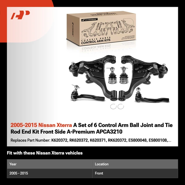 2005-2015 Nissan Xterra A Set of 6 Control Arm Ball Joint and Tie Rod End Kit Front Side A-Premium APCA3210