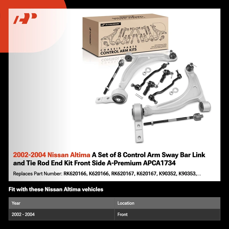 2002-2004 Nissan Altima A Set of 8 Control Arm Sway Bar Link and Tie Rod End Kit Front Side A-Premium APCA1734