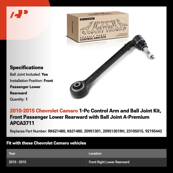 2010-2015 Chevrolet Camaro 1-Pc Control Arm and Ball Joint Kit, Front Passenger Lower Rearward with Ball Joint A-Premium APCA3711