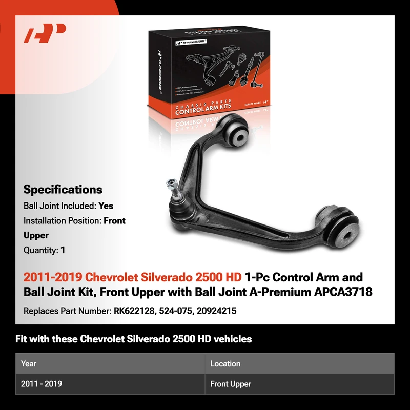 2011-2019 Chevrolet Silverado 2500 HD 1-Pc Control Arm and Ball Joint Kit, Front Upper with Ball Joint A-Premium APCA3718