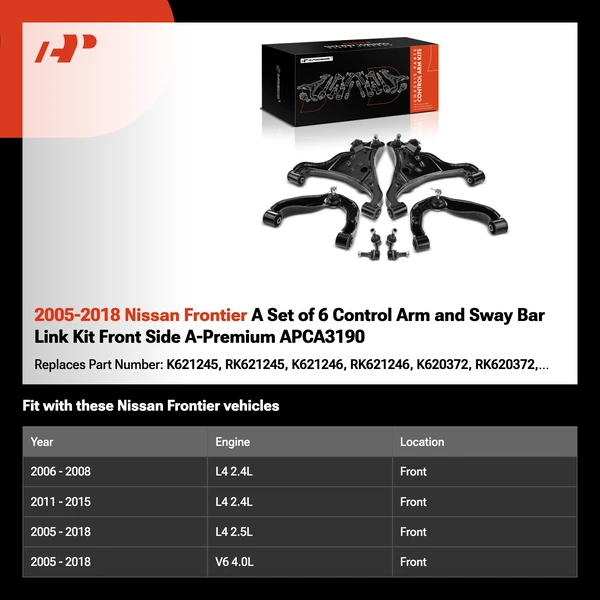 2005-2018 Nissan Frontier A Set of 6 Control Arm and Sway Bar Link Kit Front Side A-Premium APCA3190