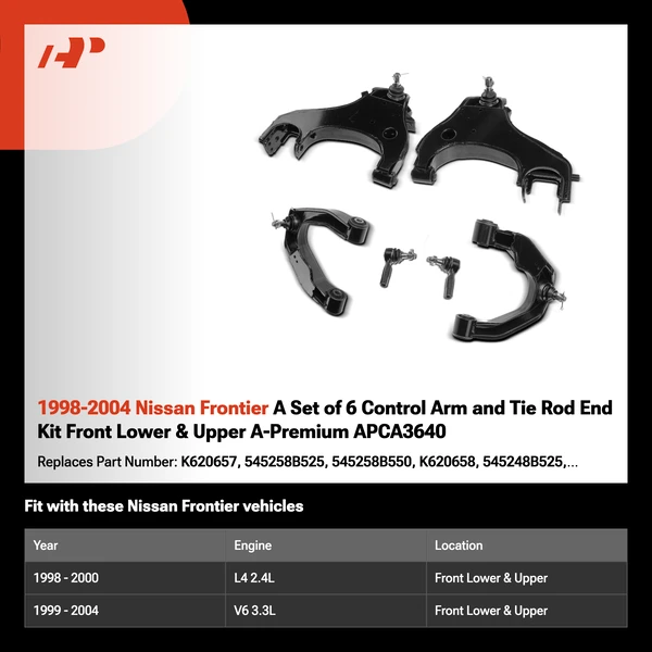 1998-2004 Nissan Frontier A Set of 6 Control Arm and Tie Rod End Kit Front Lower & Upper A-Premium APCA3640
