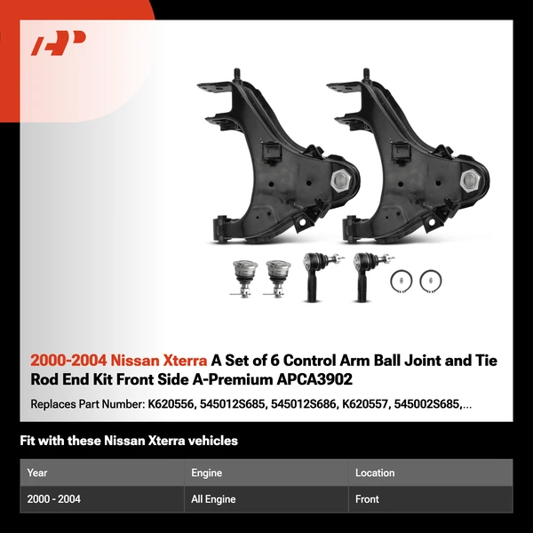 2000-2004 Nissan Xterra A Set of 6 Control Arm Ball Joint and Tie Rod End Kit Front Side A-Premium APCA3902