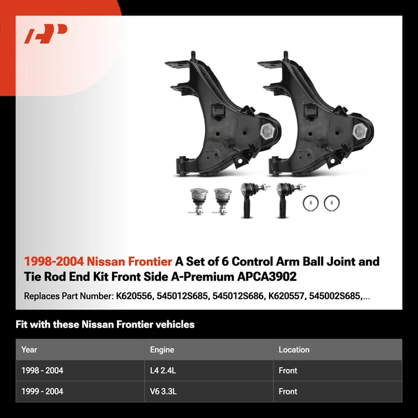 1998-2004 Nissan Frontier A Set of 6 Control Arm Ball Joint and Tie Rod End Kit Front Side A-Premium APCA3902