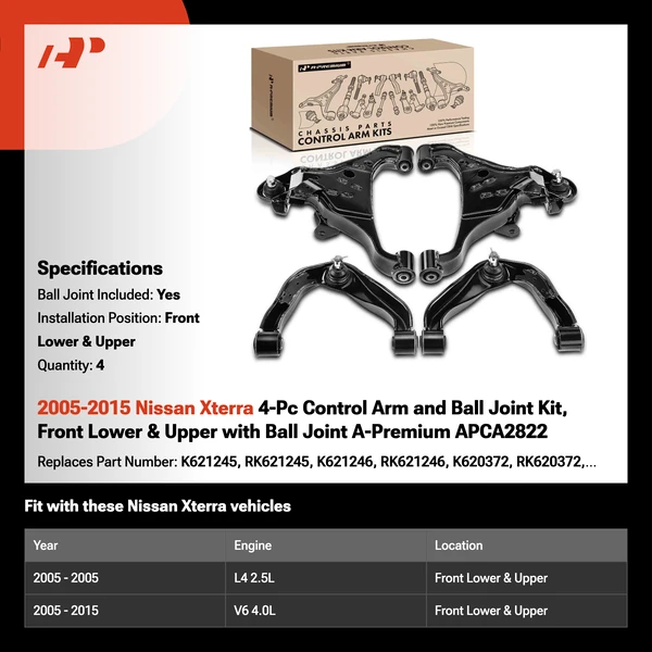 2005-2015 Nissan Xterra 4-Pc Control Arm and Ball Joint Kit, Front Lower & Upper with Ball Joint A-Premium APCA2822