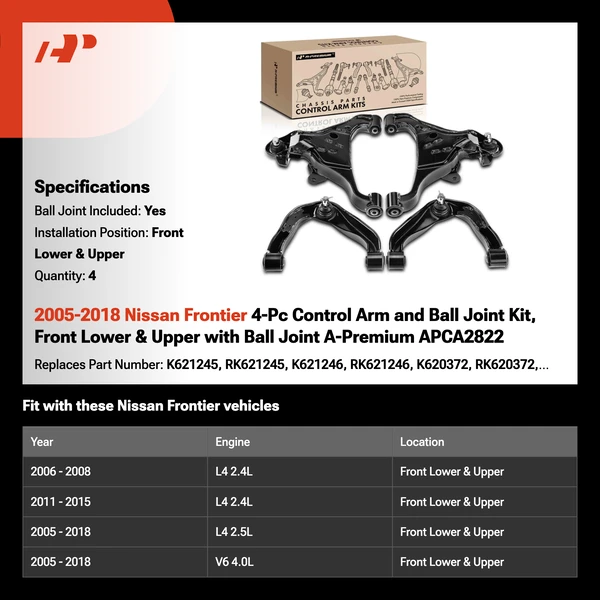 2005-2018 Nissan Frontier 4-Pc Control Arm and Ball Joint Kit, Front Lower & Upper with Ball Joint A-Premium APCA2822