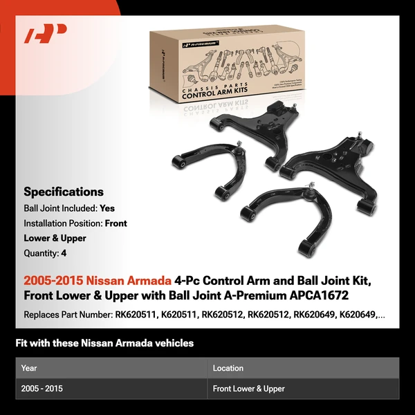 2005-2015 Nissan Armada 4-Pc Control Arm and Ball Joint Kit, Front Lower & Upper with Ball Joint A-Premium APCA1672