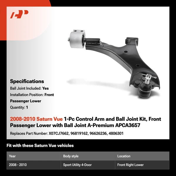 2008-2010 Saturn Vue 1-Pc Control Arm and Ball Joint Kit, Front Passenger Lower with Ball Joint A-Premium APCA3657