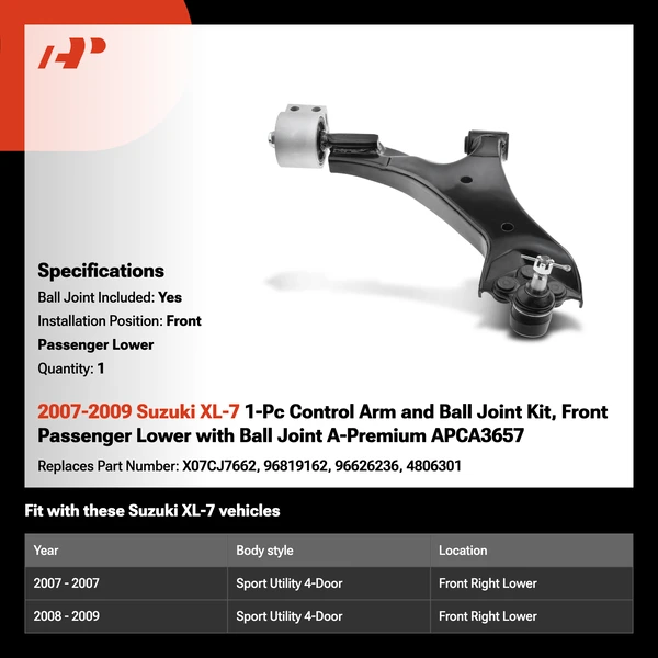 2007-2009 Suzuki XL-7 1-Pc Control Arm and Ball Joint Kit, Front Passenger Lower with Ball Joint A-Premium APCA3657