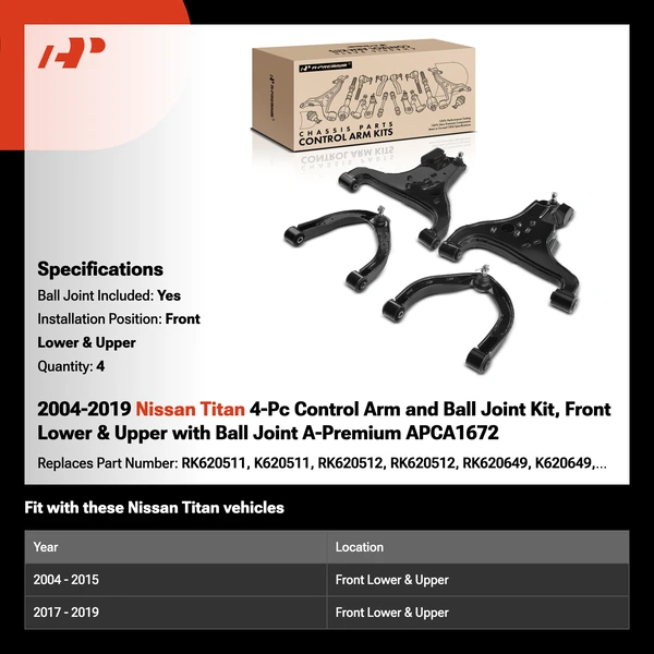 2004-2019 Nissan Titan 4-Pc Control Arm and Ball Joint Kit, Front Lower & Upper with Ball Joint A-Premium APCA1672