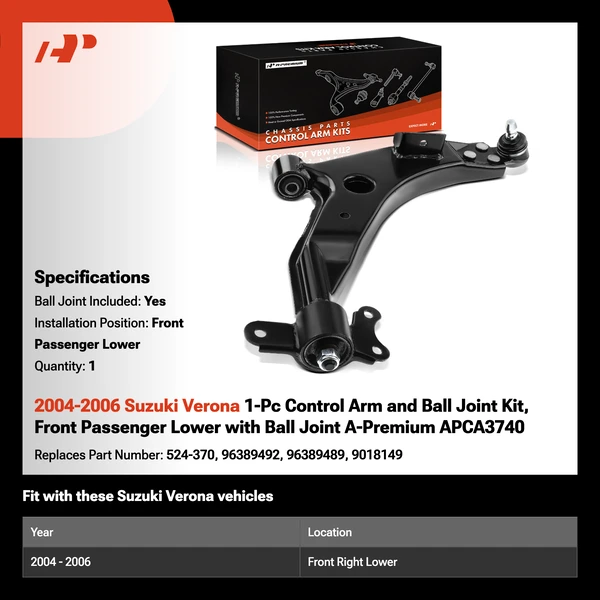 2004-2006 Suzuki Verona 1-Pc Control Arm and Ball Joint Kit, Front Passenger Lower with Ball Joint A-Premium APCA3740
