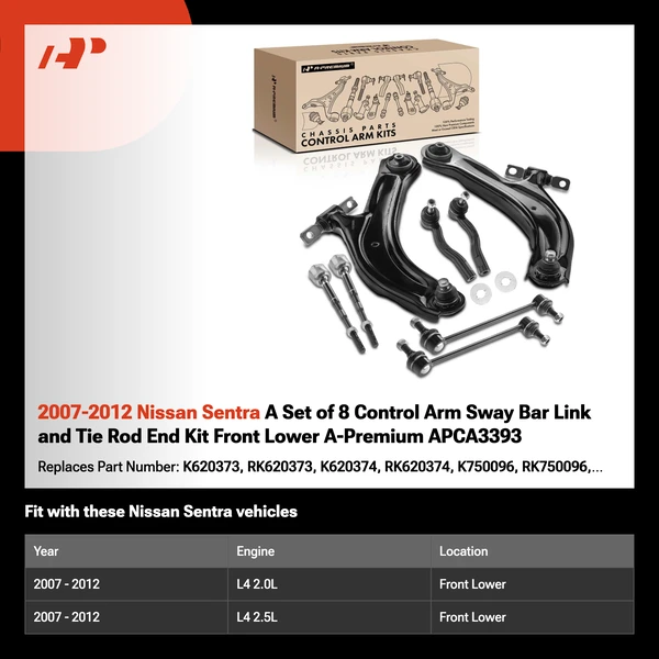 2007-2012 Nissan Sentra A Set of 8 Control Arm Sway Bar Link and Tie Rod End Kit Front Lower A-Premium APCA3393