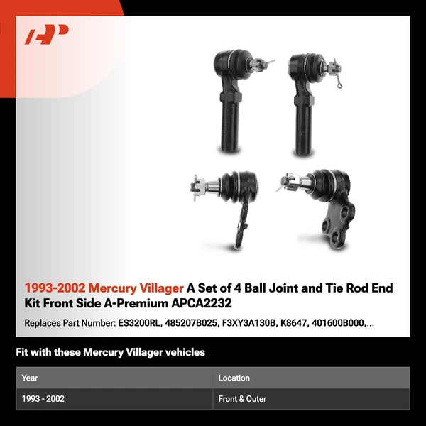 1993-2002 Mercury Villager A Set of 4 Ball Joint and Tie Rod End Kit Front Side A-Premium APCA2232