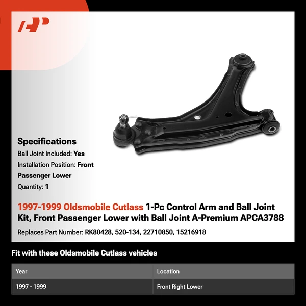 1997-1999 Oldsmobile Cutlass 1-Pc Control Arm and Ball Joint Kit, Front Passenger Lower with Ball Joint A-Premium APCA3788