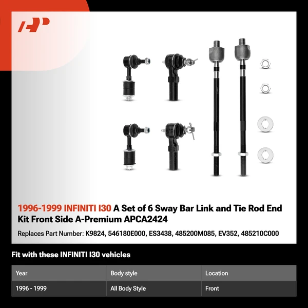 1996-1999 INFINITI I30 A Set of 6 Sway Bar Link and Tie Rod End Kit Front Side A-Premium APCA2424