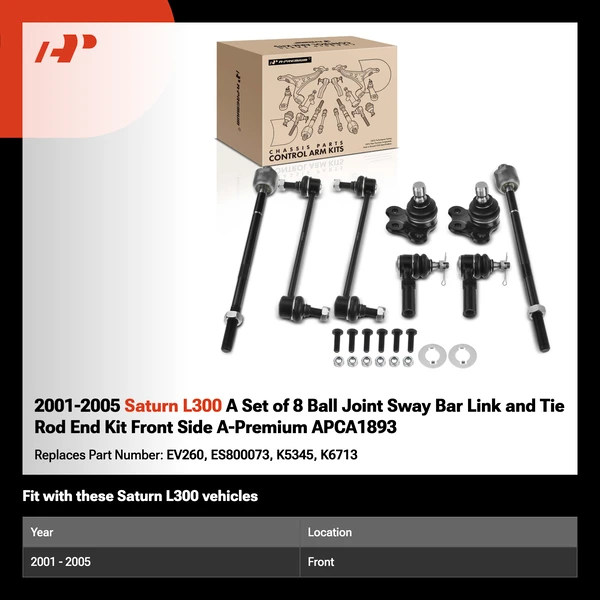 2001-2005 Saturn L300 A Set of 8 Ball Joint Sway Bar Link and Tie Rod End Kit Front Side A-Premium APCA1893