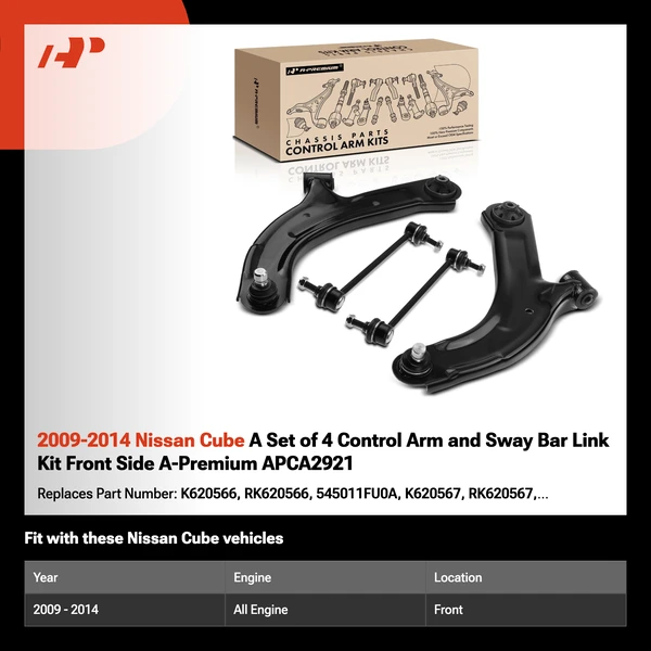 2009-2014 Nissan Cube A Set of 4 Control Arm and Sway Bar Link Kit Front Side A-Premium APCA2921